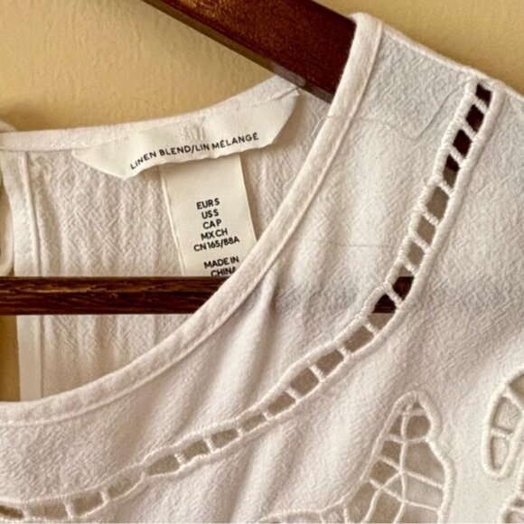 H&M| Gorgeous White Linen-Blend Broderie Anglaise Summer Mini Dress Sz S - Picture 6 of 7